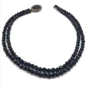 Vintage Black Jet Faceted Glass Beaded Double Strand Long Statement Necklace